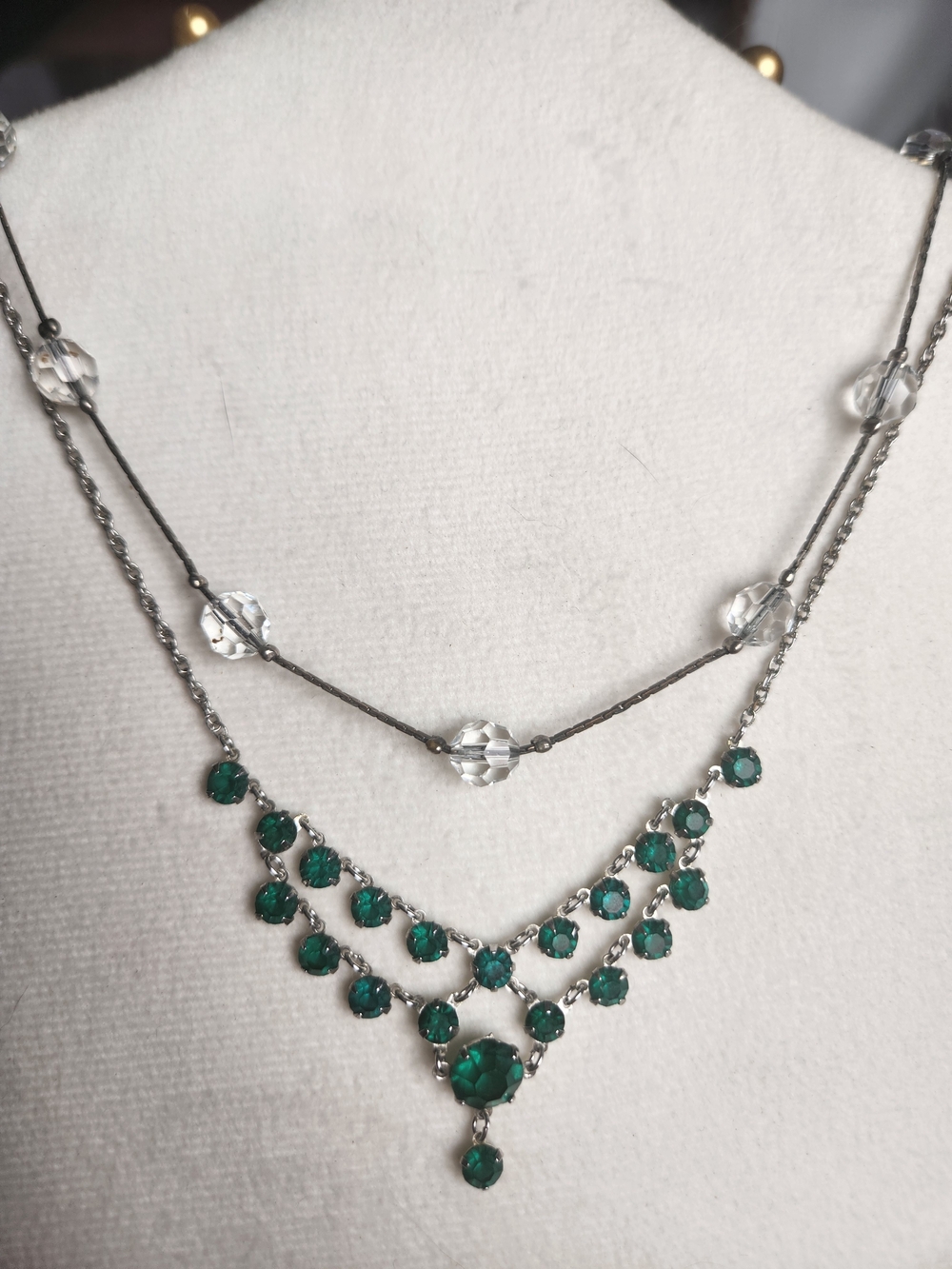 VTG Silver & Emerald Green Rhinestone Bib Necklace Coquette Layering Boho - Picture 6 of 10